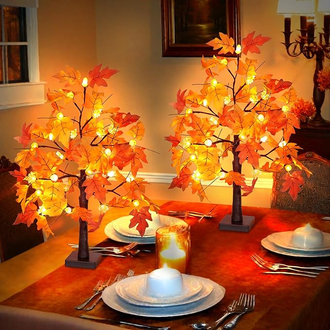 2 Pack 24 Inch Fall Maple Tree with 48LED Battery Operated Lighted Tabletop Artificial Tree with Pumpkin Acorn Maple Fall Centerpieces Indoor Fall Decorations for Home Office Thanksgiving Table Decor