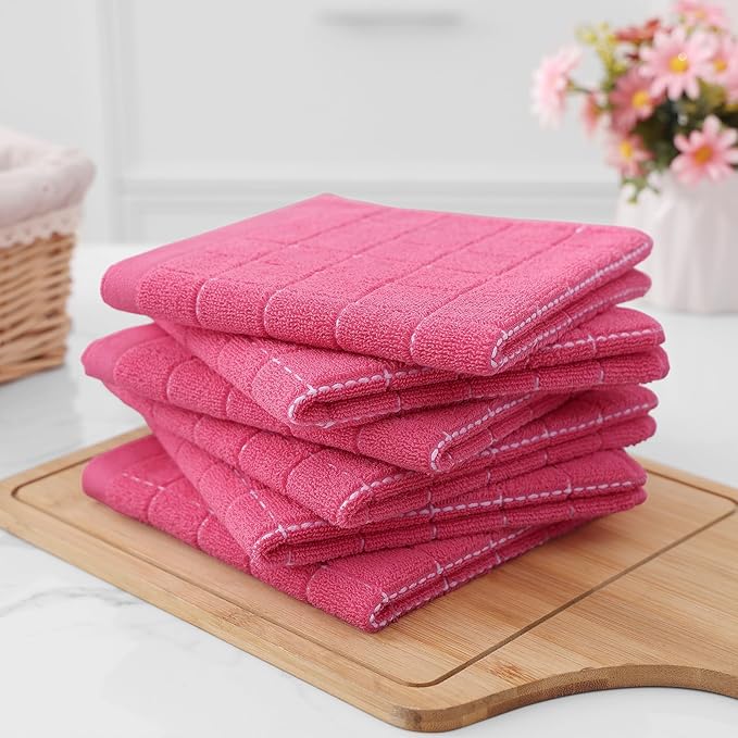 Homaxy 100% Cotton Terry Kitchen Dish Cloths, Ultra Soft and Absorbent Dish Towels for Kitchen, Suitable for Drying and Washing Dishes, 8 Pack, 12 x 12 Inches, Rose Red
