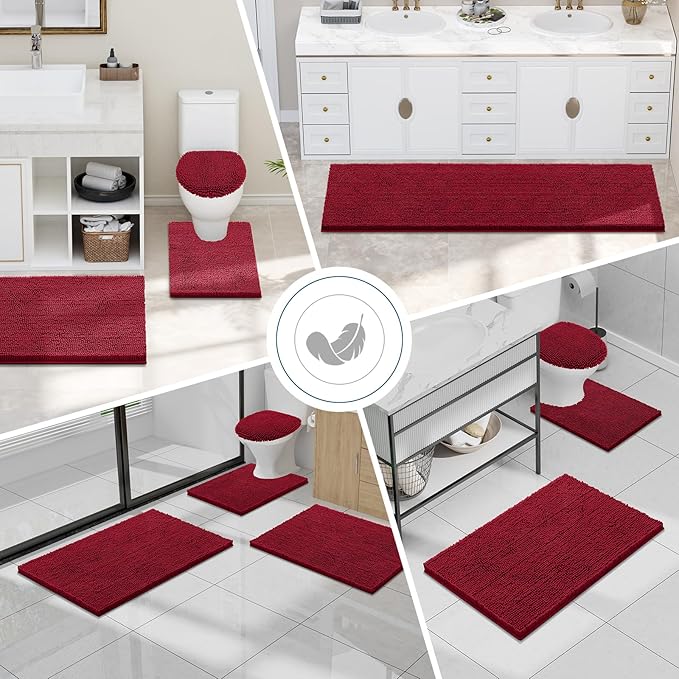 Smiry Luxury Chenille Bathroom Rugs 47x24, Extra Soft and Absorbent Shaggy Bath Mat, Machine Washable, Non-Slip Plush Carpet Runner for Tub, Shower, and Floor, Home Decor Accessories, Red