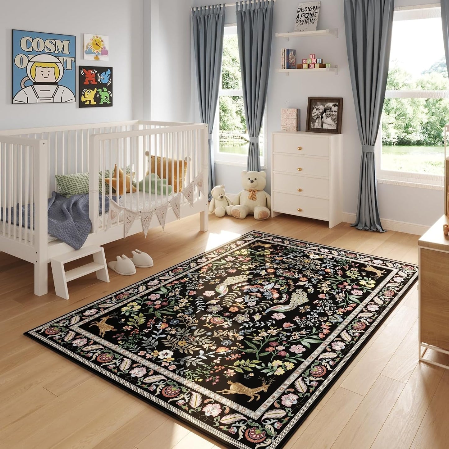 Living Room Rug 5x7 Rug Machine Washable Area Rug Floral Non-Slip Low Pile Large Rugs for Living Room, Bedroom, Farmhouse, Dining Room, Kids Playroom (Vibrant Black)