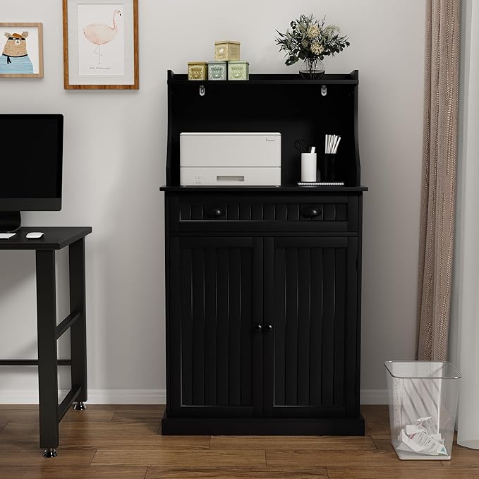 54" Kitchen Microwave Cabinet/Stand with Storage and Drawers, Pantry Storage Cabinet with Hutch & Adjustable Shelves for Kitchen, Dining Room, Living Room, Hallway in Black