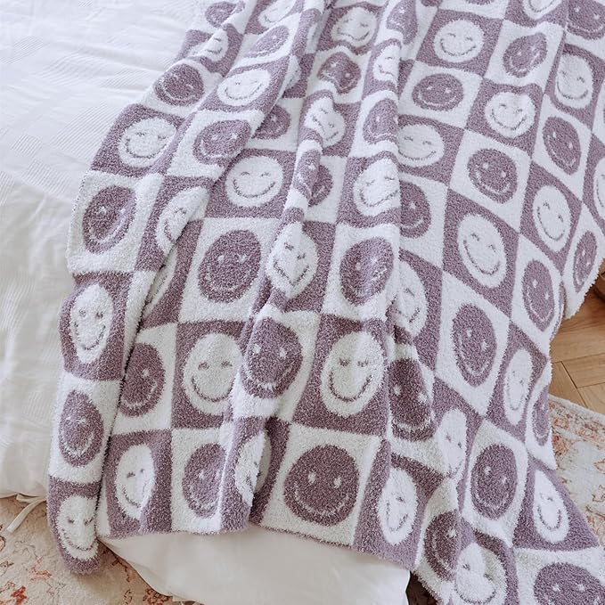 YIRUIO with Smiley Faces Checkerboard Throw Blankets Checkered Reversible Microfiber Super Soft Warm Cozy Fluffy Shaggy Blanket for Home Office Couch Bed Sofa Decor (Lavender)