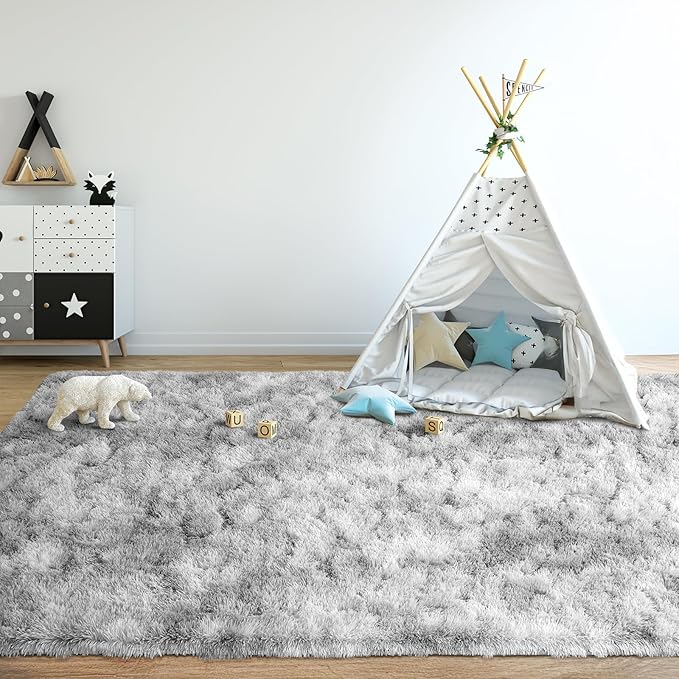 3x5 Tie Dyed Grey Small Throw Rug for Entryway Non Slip, Mini Fluffy Grey Rugs for Bedroom, Plush Furry Cozy Front Entrance Indoor Floor Carpet Home Decor Aesthetic Nursery
