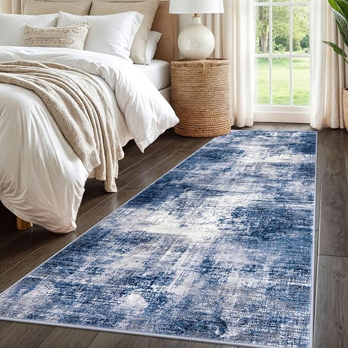 IOHOUZE Abstract Runner Rug 3x8 Ft Washable Runners for Hallways, Non Slip Kitchen Runner Printed Faux Wool Entryway Runner Indoor, Modern Abstract Floor Carpet for Hall Bedroom, Navy/Grey