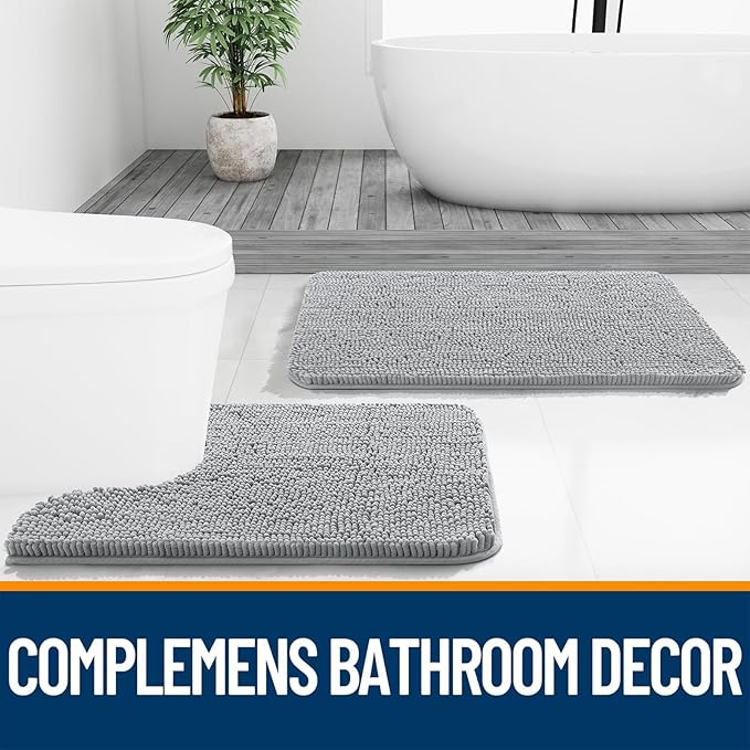 OLANLY Bathroom Rugs Sets 3 Piece, Soft Absorbent Chenille Bath Mats and U-Shaped Contour Toilet Rug, Quick Dry, Home Decor Accessories, Bath Mat Set for Floor (47"x20"+24"x16"+24"x20", Light Grey)