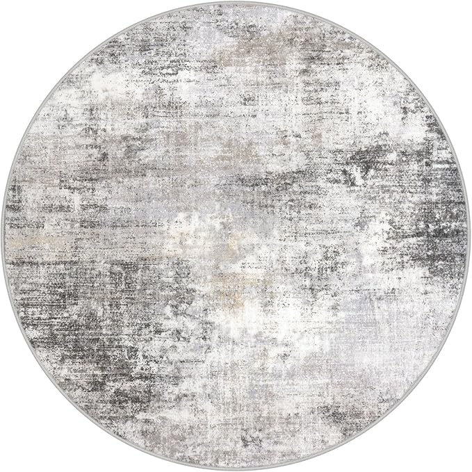 IOHOUZE Round Area Rug 5 Ft Circle Entryway Rugs Round Washable Door Mat Indoor Entrance, Non Slip Circle Front Door Rug, Printed Abstract Faux Wool Floor Carpet for Foyer Porch Sink, Grey Beige