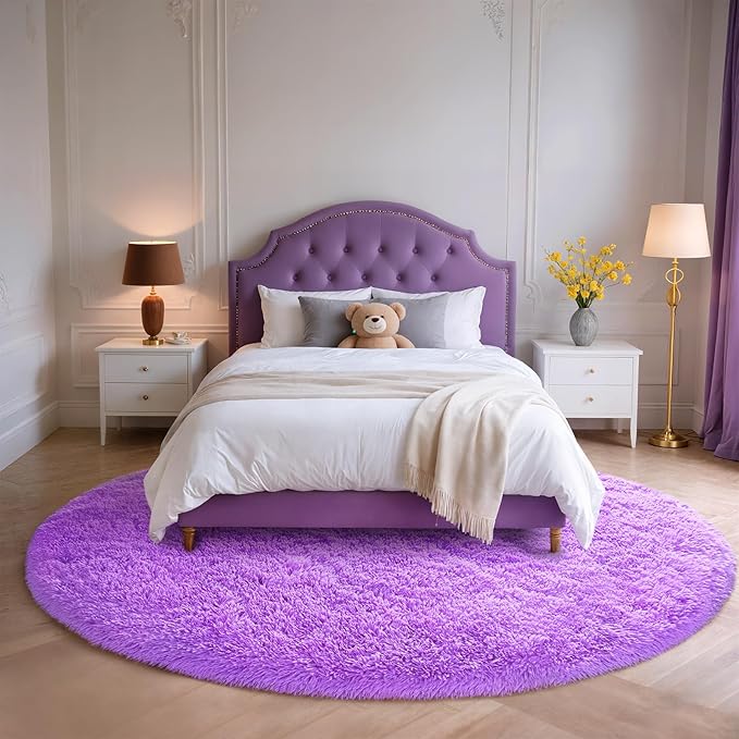 Purple Round Rug for Bedroom, 4Ft Fluffy Circle Area Rugs for Living Room, Shag Fuzzy Carpet for Kids Room, Nursery, Dorm, Classroom, Teen, Cute Baby Play Mat Home Decor Aesthetic