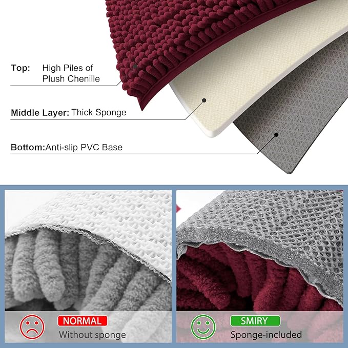 Smiry Luxury Chenille Bathroom Rugs 34x21, Extra Soft and Absorbent Shaggy Bath Mat, Machine Washable, Non-Slip Plush Carpet Runner for Tub, Shower, and Floor, Home Decor Accessories, Burgundy