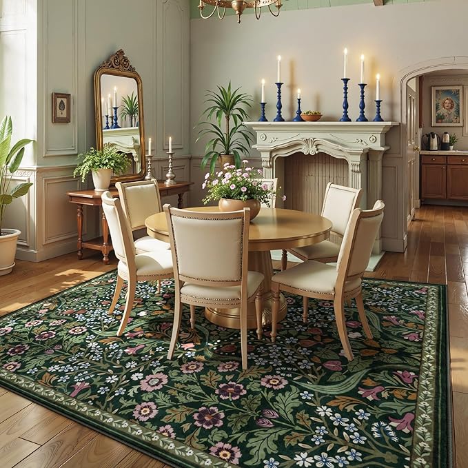 Lahome Floral 8x10 Green Living Room Rugs, Large Washable Area Rug for Bedroom Rubber Backed, Botanical Thin Stain-Resistant Carpet for Dining Room Under Table, Kids Room, Nursery