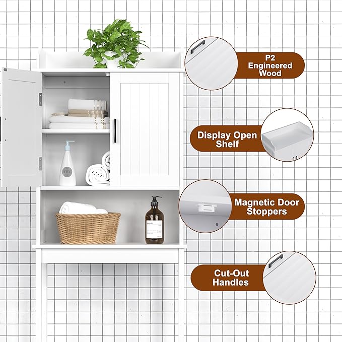 MUPATER Bathroom 67" Storage Cabinet Organizer with Shelves and Doors, Small Freestanding Toilet Shelf Space Saver with Anti-Tip Design and Adjustable Bottom Bar, White