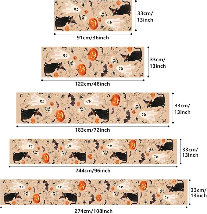 Halloween Table Runner with Ghosts,Black Cats,Pumpkins & Skeletons,Table Decoration for Dining Party and Home Decor,36x13 inches