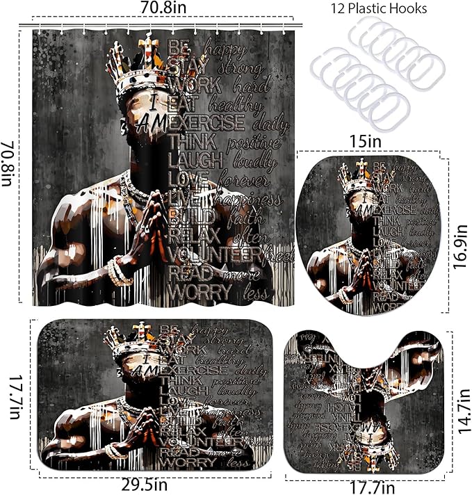 4Pcs Cool Black King Shower Curtain Set with Waterproof Shower Curtain Bath Mat Rug and Toilet Lid Cover, Inspirational Quote African American King Bathroom Decor Set for Man