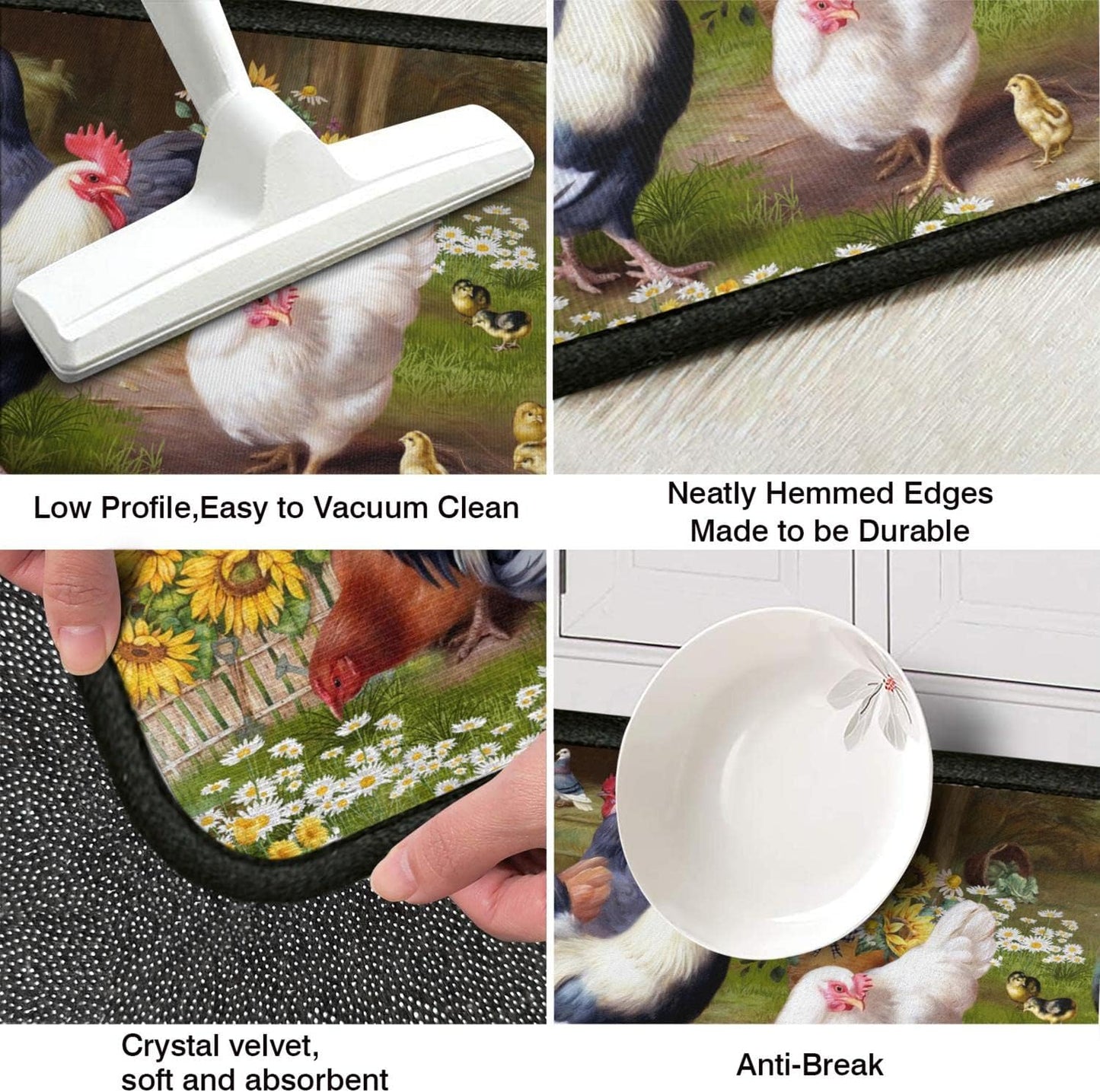 Rooster Kitchen Rug 2 Piece Set Sunflower Decor Kitchen Floor Mat, Microfiber Washable Runner Rugs, Farmhouse Chicken Decorations Kitchen Mats,17"x47"+17"x30"