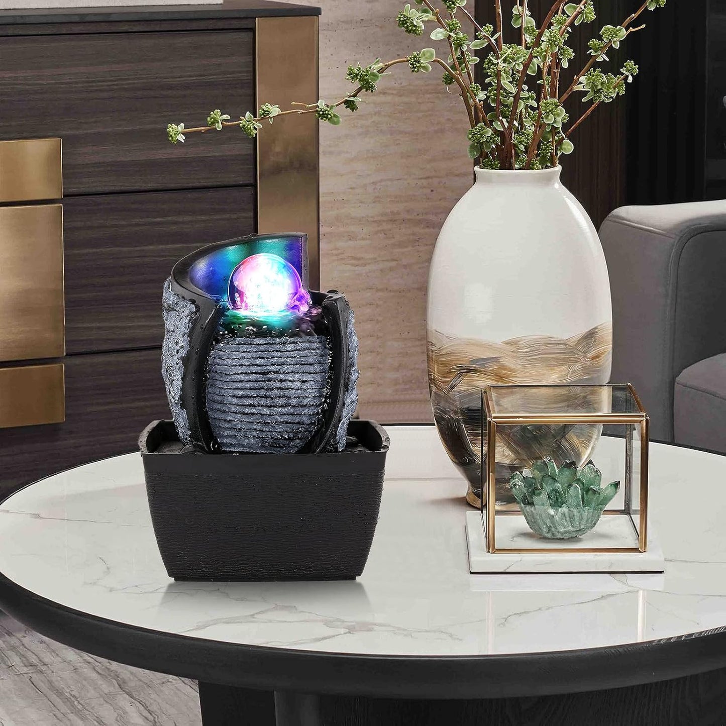 WICHEMI Indoor Fountain Tabletop Fountain Mini Waterfall Fountains Relaxation Water Feature Feng Shui Zen Meditation Desktop Fountain with Rolling Ball for Home Office Indoor Spaces Decor (Style 3)