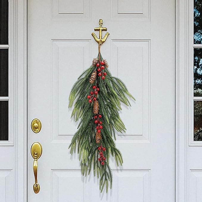 2 Pcs Artificial Christmas Teardrop Swag with Berries and Pinecones, Faux Berry Pine Branch Teardrop Door Swag, Real Touch Norfolk Wreath Greenery Staircase Swags for Xmas Door Mantle Fireplace Decor