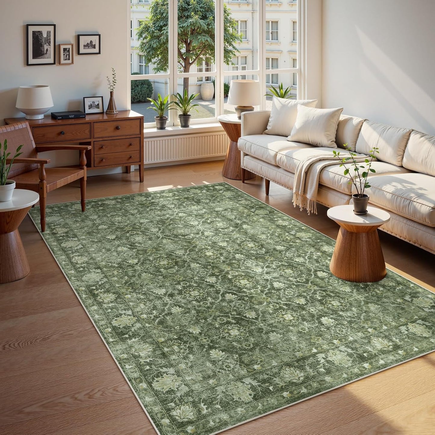 Boho 5x7 Green Rugs for Bedroom, Non Slip Washable Living Room Area Rug, Soft Low Pile Emerald Carpet for Dining Guest Room Office Playroom Nursery (5'x7', Dark Green)