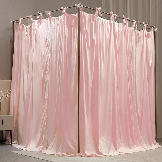 4 Corners Post Princess Curtain Bed Canopy Double Layer Cozy Mosquito Net Mesh and Cloth for Girls Adults Bedroom Decoration (Double-Beigepink/White, 53" W*78" L*82"*H/(Full))