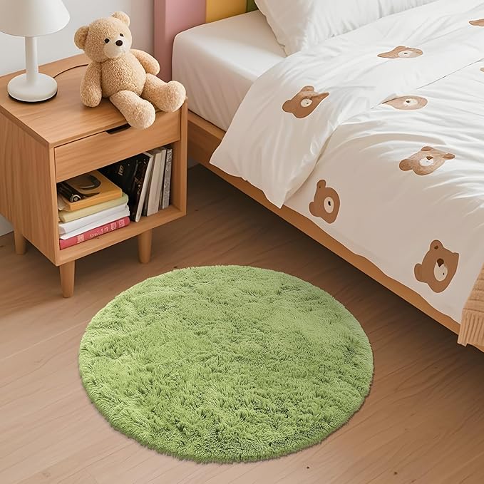 OLANLY Grass Green Round Rugs for Bedroom - Machine Washable, 2 ft Circle Area Rugs for Living Room, Soft and Fluffy Shaggy Carpet for Teen Girls and Boys, Nursery Rooms, Dorms, Home Decor Aesthetic