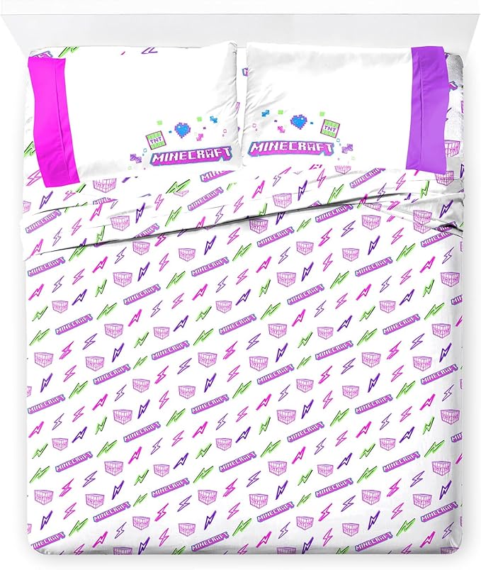 Jay Franco Kids Sheet Set with Fitted, Flat Sheets & Pillow Cover - Ultra-Soft Bedding with Pillowcase for Room Decor, Purple - Minecraft, 4 Piece Full