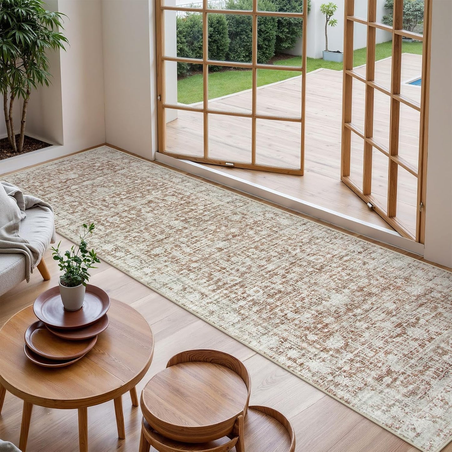 Vintage Runners for Hallways, 2'6"x10' Washable Runner Rug Non Slip, Ultra-Thin Soft Kitchen Runner Rug for Bedroom Bathroom, No Shedding Long Rugs for Entryway Indoor (2.6x10, Khaki/White)