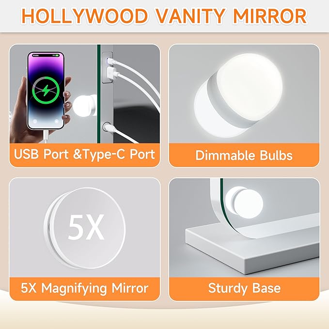 32''X22'' Hollywood Vanity Mirror with Lights, Rounded Rectangle White Frame, 3 Color Lighting Modes & Stepless Dimming, USB & Type-C Charging Port, Wall Mounted Or Tabletop