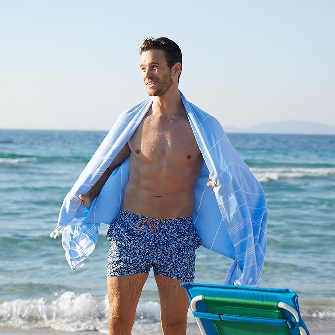 WETCAT Turkish Beach Towel Oversized (38"x71") 100% Turkish Cotton, Made in Turkey - Sand Free, Extra Large, Ultra Soft, Quick Drying, Compact & Lightweight for Travel - Light Blue