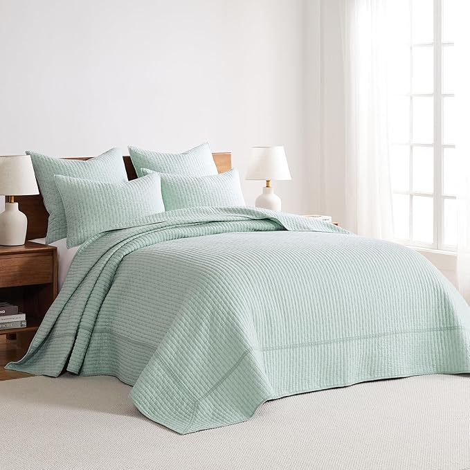 Levtex Home Cross Stitch Reversible Twin Bedspread Set (84x104in) with 1 Pillow Sham (26x20in) - Stitch Texture - Blue Haze - Cotton Twin Size Bedspread Set - Lightweight, Soft, Pre-Washed