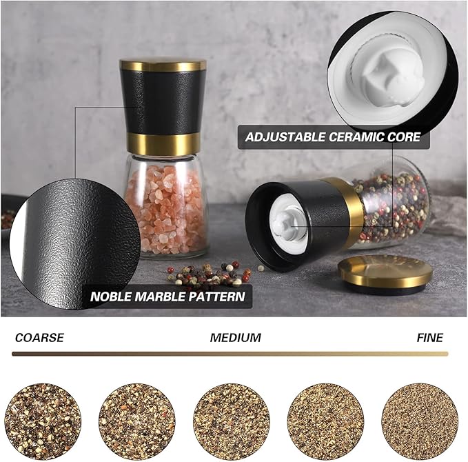 VEVOK CHEF Gold Salt and Pepper Grinder Set Stainless steel Salt and Pepper Mill Set Ceramic Adjustable Coarseness Spice Grinder Refillable Sea Salt Shaker Home Kitchen Decor