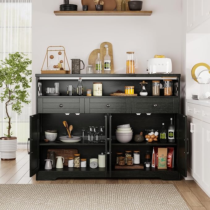 51" Black Buffet Sideboard Cabinet with Storage, Farmhouse Kitchen Storage Pantry Cabinet with Drawers, Wood Cupboard Hutch, Coffee Bar Station Table for Kitchen, Living Room, Dining Room