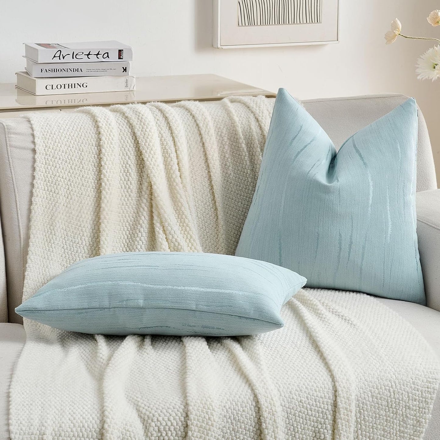 FUTEI Light Blue Chenille Decorative Throw Pillow Covers 16x16 Inch Set of 2,Soft Embossed Striped Textured Cushion Case,Modern Home Decor for Couch Bed Living Room