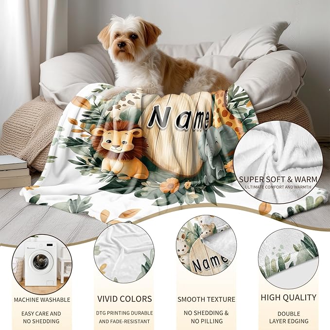 Ship Next Day, Personalized Baby Blanket - Printed in USA, Custom Baby Blanket with Name, Customized Animal Blankets for Boys & Girls, Soft Cozy Receiving Blankets for Toddlers, Stroller Decor Throw
