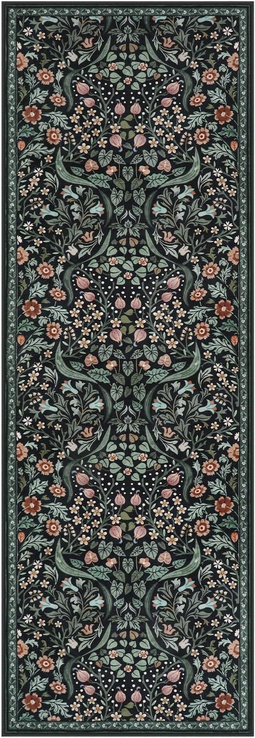 Lahome Floral Kitchen Runner, 2x6 Black Washable Runner Rug Non Slip, Soft Low Pile Stain Resistant Bathroom Laundry Floor Carpet, Boho Thin Long Carpet for Entryway