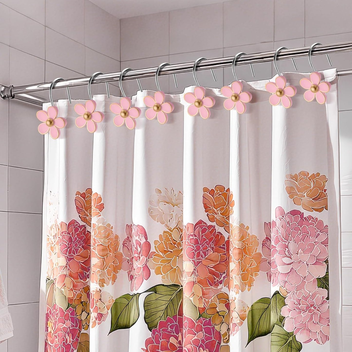 Cute Flower Shower Curtain Hooks, Pretty Floral Themed Elegant Bathroom Decor, Gold/Pink
