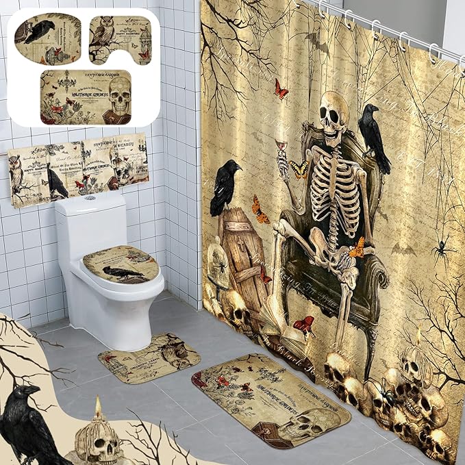 8 Pcs Halloween Gothic Shower Curtain Set for Bathroom Include Vintage Skeleton Towels Non Slip Skull Rugs Toilet Lid Cover Spooky Spider Web Bath Mat and 12 Hooks for Halloween Bathroom Decor