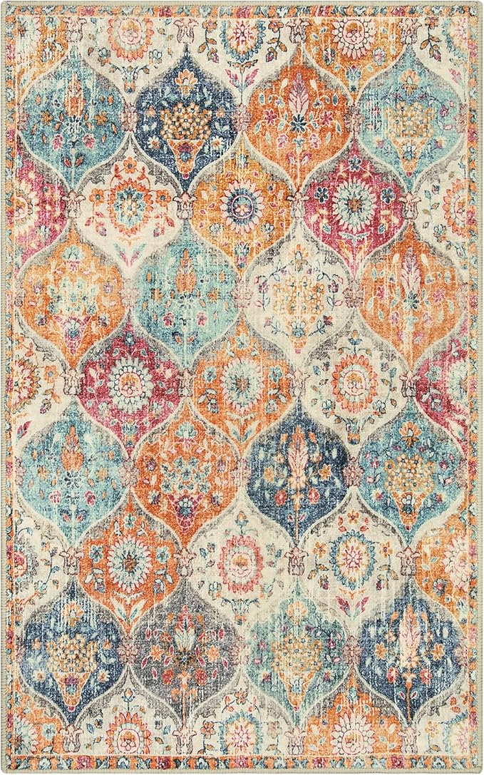 Lahome Moroccan 5x8 Area Rug, Ultra-Thin Washable Rugs for Living Room Bedroom, Soft Large Oriental Non-Slip Non Shedding Throw Large Carpet for Dining Room Office, Cream/Multi