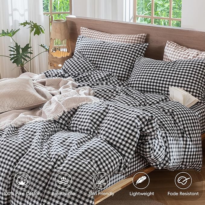 MooMee Gingham Duvet Cover Set 100% Washed Cotton Linen Like Textured Breathable Durable Soft Comfy Modern Checkered Design (Black White Gingham, Twin 68"x90")