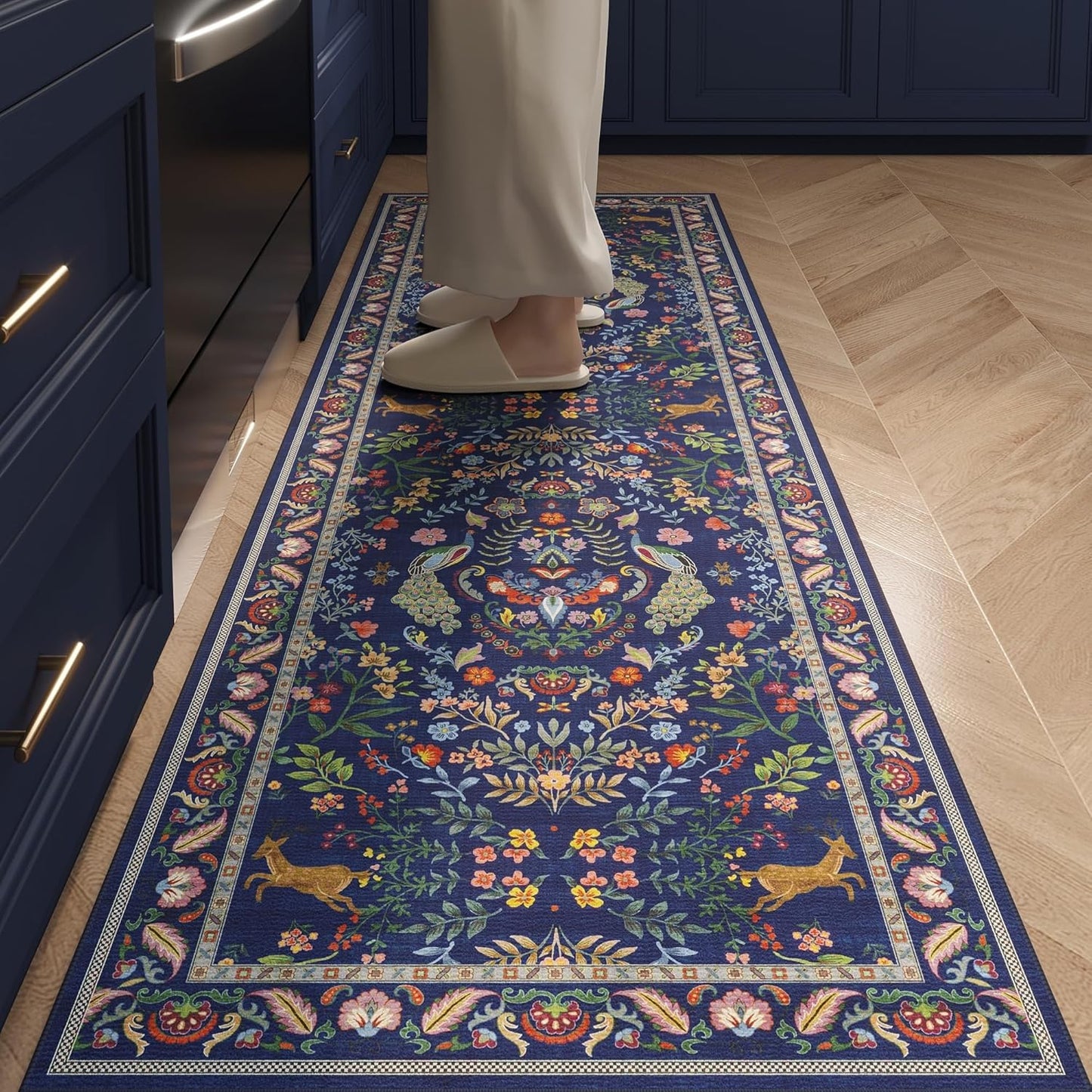 Round Rug 4ft Washable Circle Rug Floral Non Slip Low Pile Small Circular Rug for Bedroom, Bathroom, Entryway, Kids Room, Office(Blue)