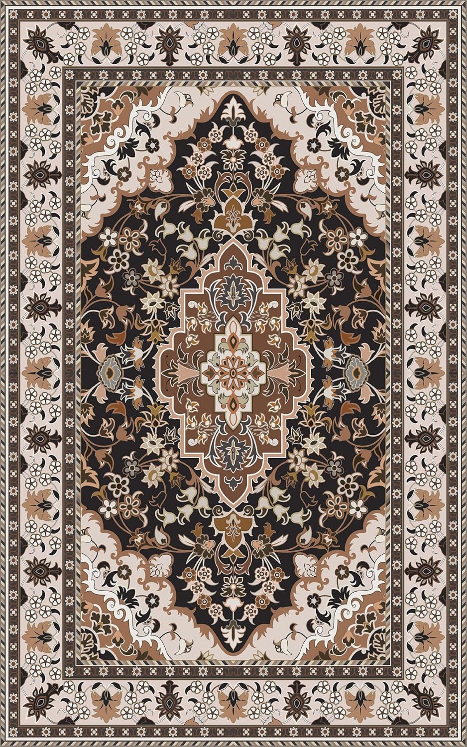 Washable Area Rug 5x8 | Non Slip Area Rug for Living Room, Bedrooms, Dining Room | Ultra-Soft Flannel Carpet Area with Rubber Backing (Cream Black Brown, 5x8)