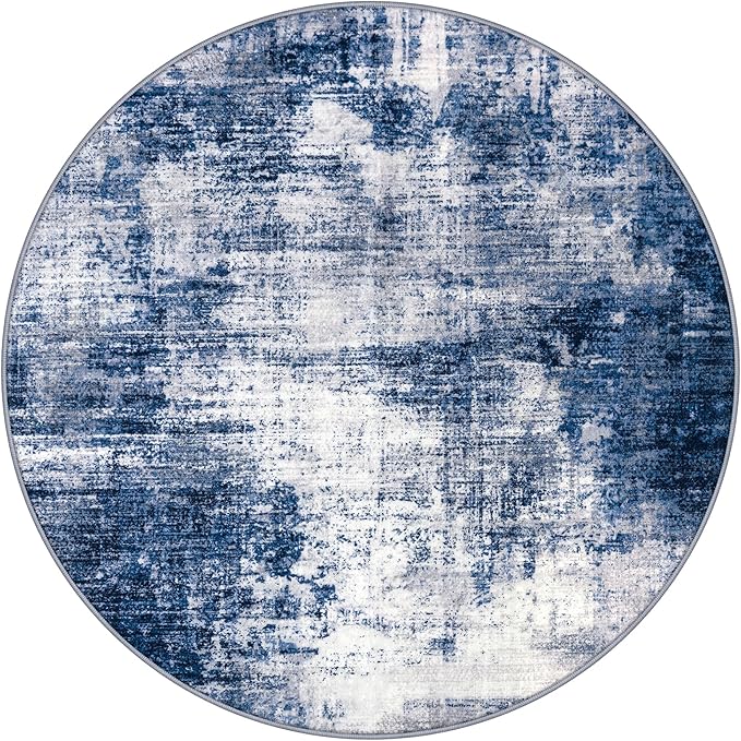 IOHOUZE Abstract Round Area Rug 6 Ft Washable Circle Rugs Large Round Rug Non Slip Thin Soft Circle Rugs, Printed Faux Wool Floor Carpet for Bedroom Living Room Dining Room Nursery, Navy/Grey