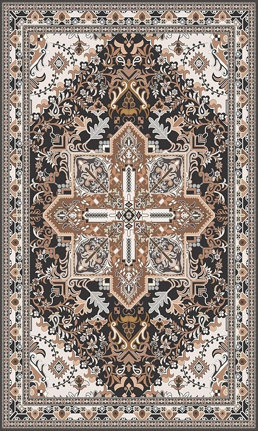 Washable Entryway Rug 3x5 | Non Slip Rug Runners for Hallways, Entryways, Kitchens, Bathrooms, Bedrooms | Ultra-Soft Flannel Carpet Kitchen Rug with Rubber Backing (Black Brown Cream, 3x5)