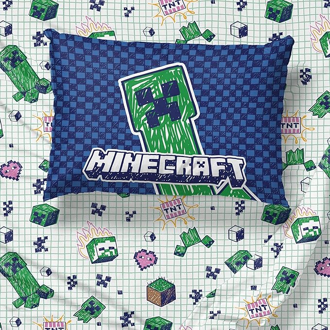 Jay Franco Kids Sheet Set with Fitted, Flat Sheets & Pillow Cover - Ultra-Soft Bedding with Pillowcase for Room Decor, Multi - Minecraft, 3 Piece Twin