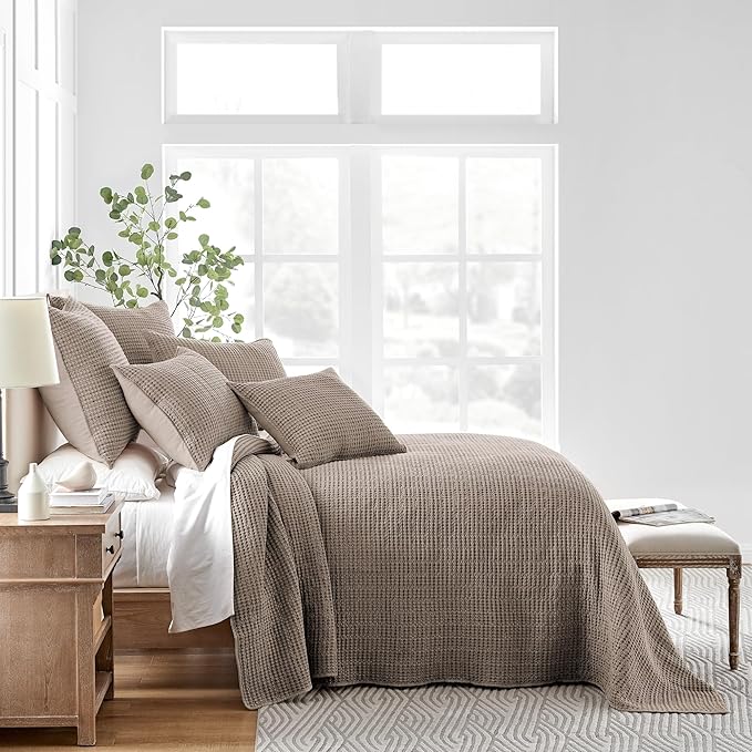 Levtex Home Mills Waffle Queen Bedspread Set (106x106in) with 2 Pillow Shams (26x20in) - Cocoa - Cotton Waffle Queen Size Bedspread Set - Lightweight, Soft, Pre-Washed