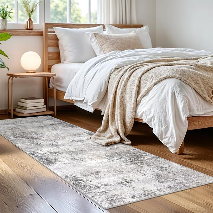 IOHOUZE Abstract Runner Rug 2x6 Ft Washable Runners for Hallways, Non Slip Kitchen Runner Printed Faux Wool Entryway Runner Indoor, Modern Abstract Floor Carpet for Hall Kitchen Bedroom, Grey Beige