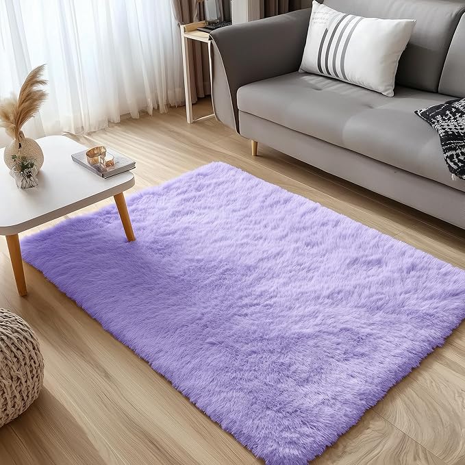 OLANLY 3x5 Machine Washable Small Bedside Rug, Soft Fluffy Shaggy Rugs for Living Room, Bedroom, Indoor Floor Carpet for Kids Girls and Boys, Preppy Dorms, Nursery, Home Decor Aesthetic, Light Purple