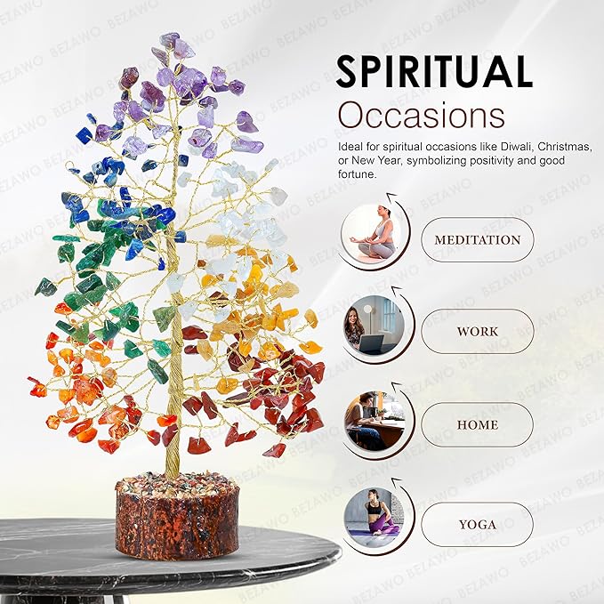7 Chakra Tree of Life - Crystal Tree of Life, Gemstone Tree for Positive Energy, Feng Shui Tree Decor, Seven Chakra Tree, Money Tree Bonsai, Crystal Healing Stone Tree, Spiritual Gift Home Decor 10"