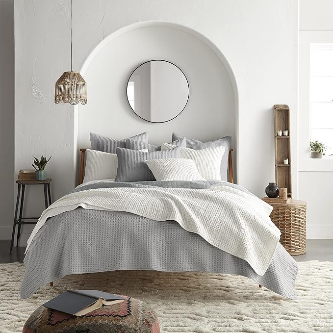 Levtex Home Mills Waffle King/Cal King Quilt Set (106x92in) with 2 Pillow Shams (36x20in) - Grey - Cotton Waffle King Size Quilt Bedding Set - Lightweight, Soft, Pre-Washed