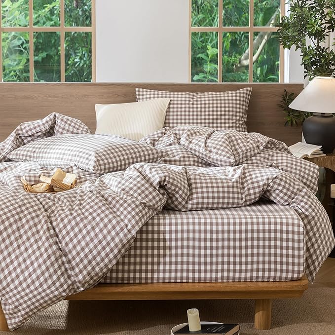 MooMee Gingham Duvet Cover Set 100% Washed Cotton Linen Like Textured Breathable Durable Soft Comfy Modern Checkered Design (Brown Gingham, Super King 108"x98")