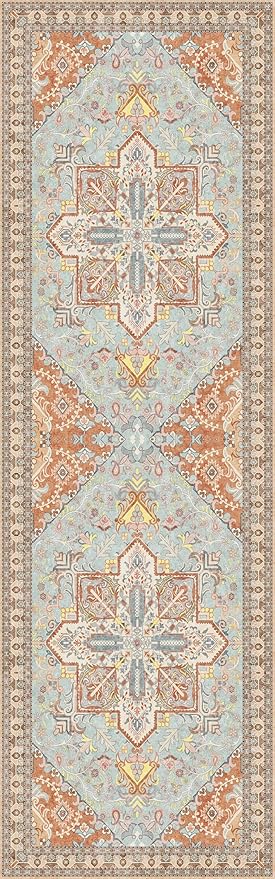 Washable Runner Rug 2.5x8 | Non Slip Rug Runners for Hallways, Entryways, Kitchens, Bathrooms, Bedrooms | Ultra-Soft Flannel Carpet Runners with Rubber Backing (Light Teal/Rust, 2.5x8)