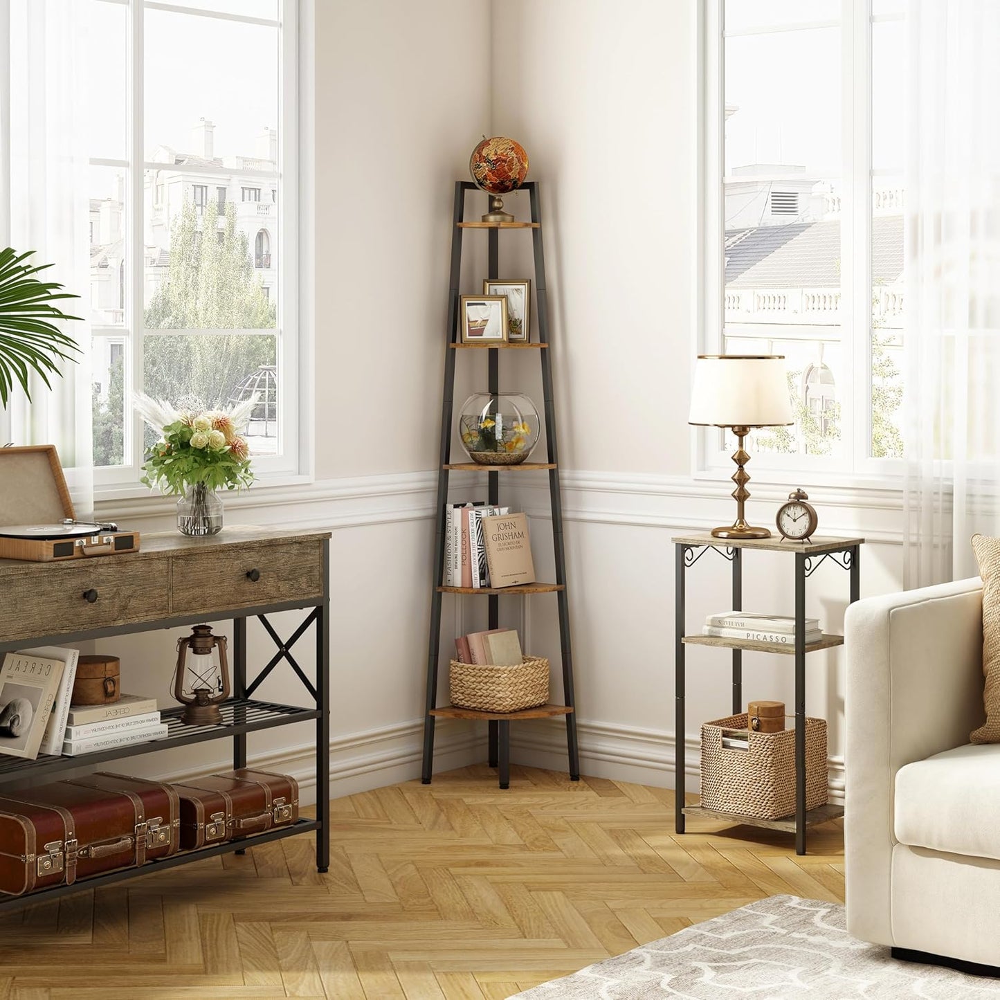 Hoctieon Corner Shelf, 5-Tier Corner Bookshelf, Rustic Ladder Shelf, Industrial Display Stand for Living Room, Kitchen, Home Office, Balcony, Small Space, Metal Frame, Rustic Brown