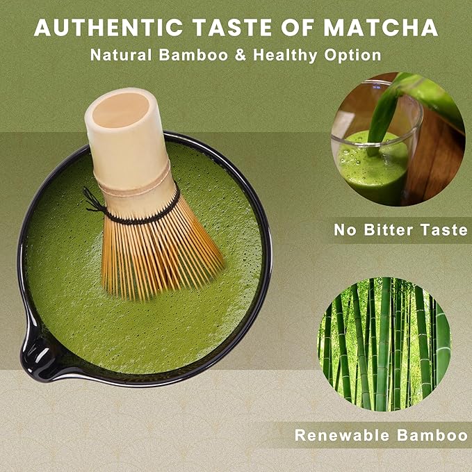 Matcha Whisk Set, Ceramic Matcha Set Includes Matcha Bowl, Matcha Whisk (Chasen) and Holder, Sifter, Bamboo Scoop & Spoon - 6 Pcs Matcha Kit for Matcha Lovers Black